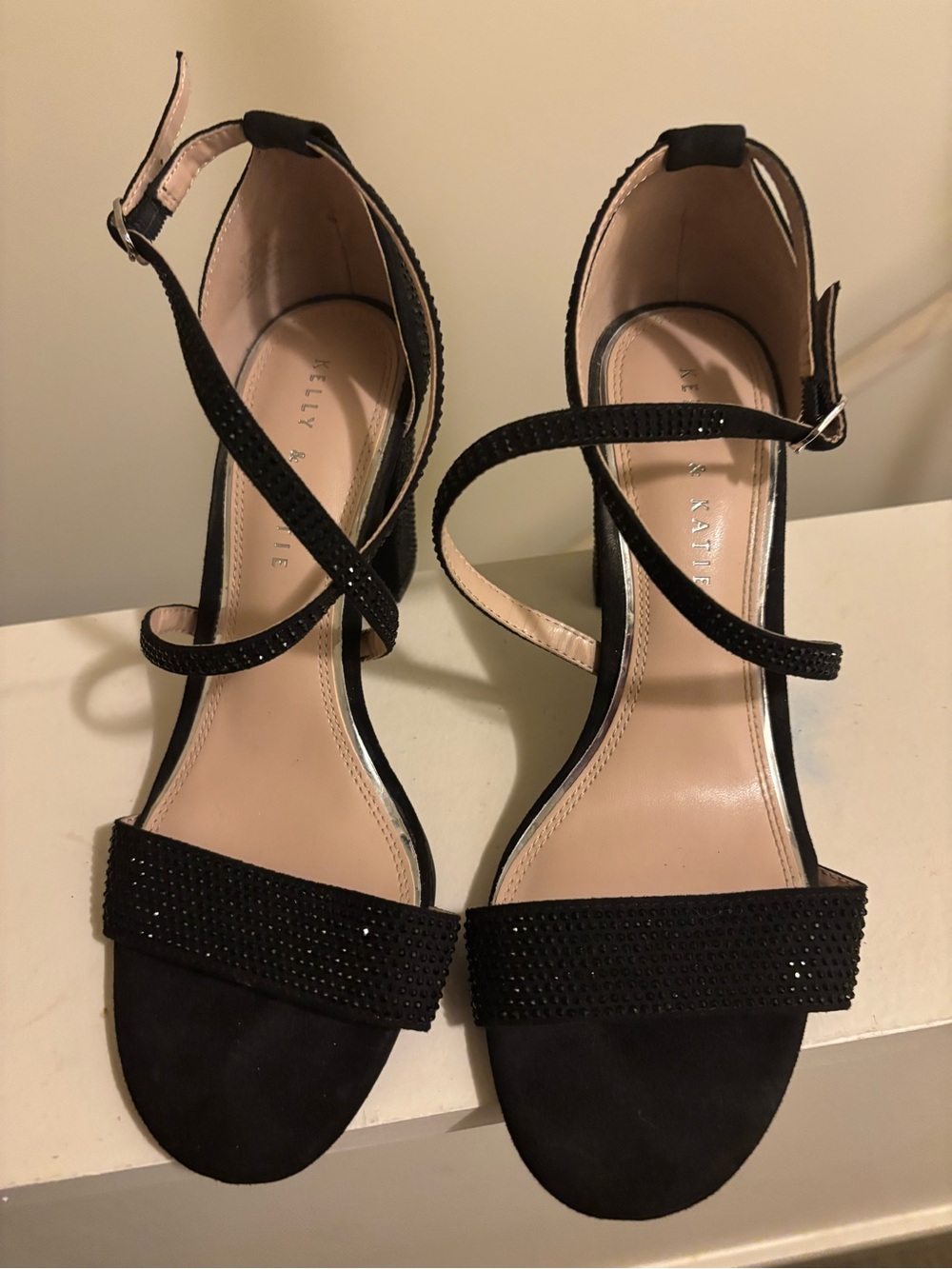 Kelly & Katie Black Crystal-Trim Ankle Strap Heels